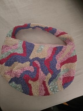 Beaded Multicolor Women's Hobo Bag - Pink, Purple & Cream